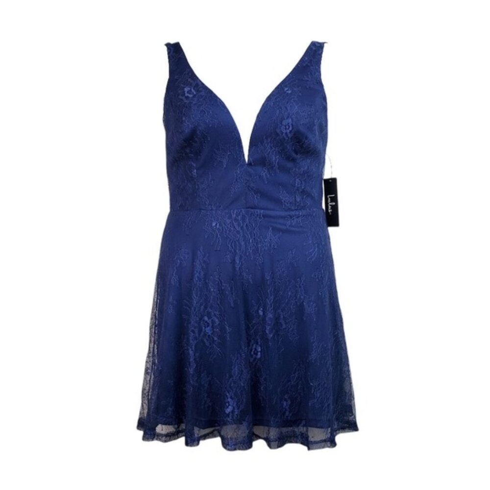 Lulus Womens Sleeveless Blue Fueled By Love Lace Skater Mini Dress Size L NWT